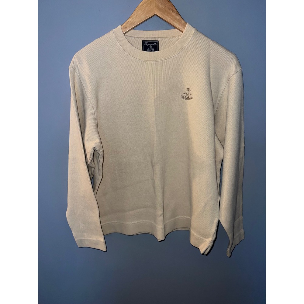 Faconnable Mens Cream Ribbed Cotton Crewneck Pullover Sweater Small Logo